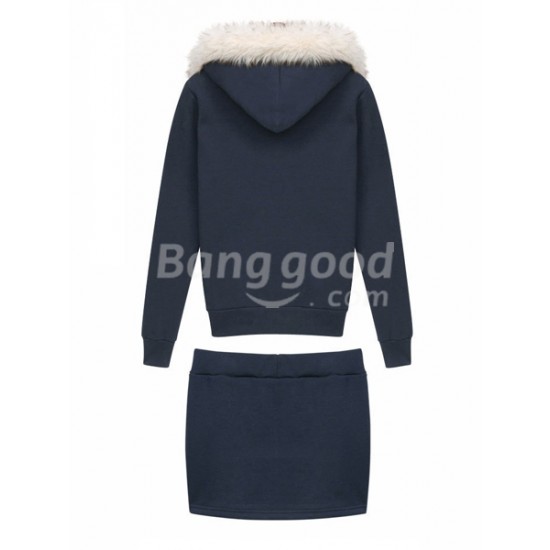 Royal Blue Rabbit Fur Collar Casual Active Fleece Thicken Hoodie Suit