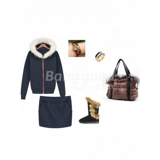 Royal Blue Rabbit Fur Collar Casual Active Fleece Thicken Hoodie Suit