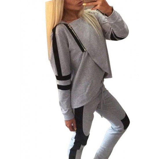 Sexy Gray Black Patchwork Zipper Split Hood Women Tracksuit Sportsuit