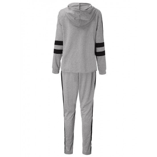 Sexy Gray Black Patchwork Zipper Split Hood Women Tracksuit Sportsuit