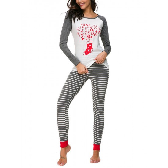 Women Christmas Print Striped Pants Set Tracksuit