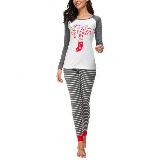 Women Christmas Print Striped Pants Set Tracksuit