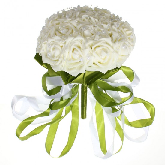 15PCS Faux Pearl Crystal Pins Wedding Bride Bridesmaid Flower Girls Foam Roses Bouquet