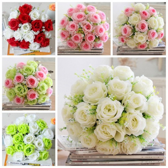 18 Heads Artificial Silk Rose Flowers Wedding Bride Bonquet Home Bedroom Decoration