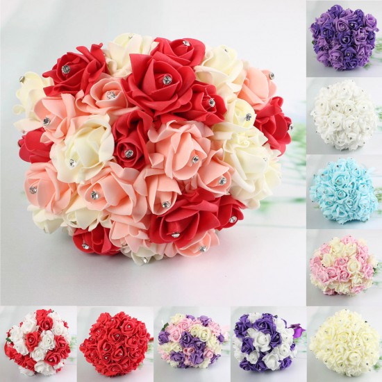 30 Heads Colourfast Foam Roses Crystal Artificial Flower Home Wedding Bride Bouquet Party Decoration