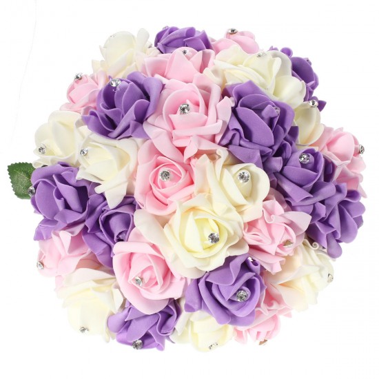 30 Heads Colourfast Foam Roses Crystal Artificial Flower Home Wedding Bride Bouquet Party Decoration