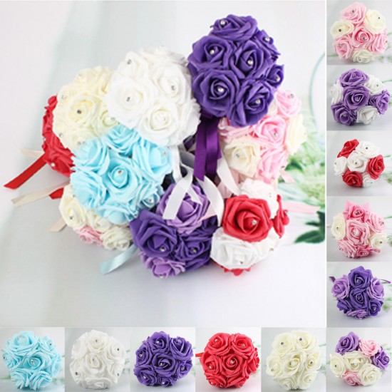 7 Heads Colourfast Foam Roses Crystal Artificial Flower Home Wedding Bride Bouquet Party Decoration