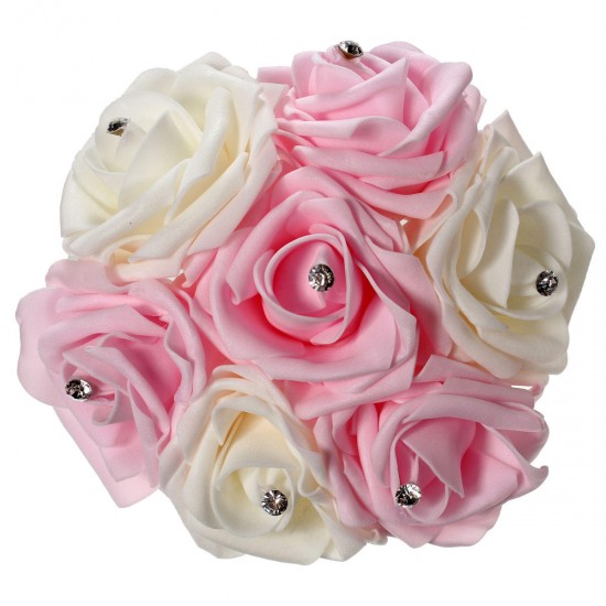 7 Heads Colourfast Foam Roses Crystal Artificial Flower Home Wedding Bride Bouquet Party Decoration