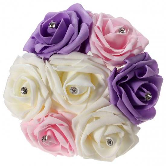 7 Heads Colourfast Foam Roses Crystal Artificial Flower Home Wedding Bride Bouquet Party Decoration