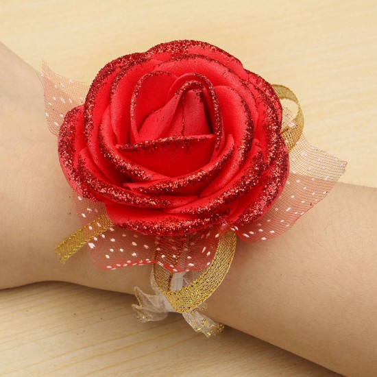 Bridal Bridesmaid Foam Artificial Rose Flower Elastic Band Wrist Corsage Wedding Party Supplies