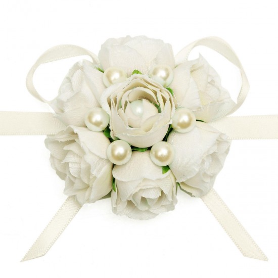 Bridemaid Silk Rose Flower Pearl Bracelet Wrist Corsage Wedding Party Bridal Accessories