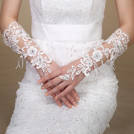 Bridal Gloves Rhinestone Lace Flower White Bride Wedding Party Prom Dress Fingerless