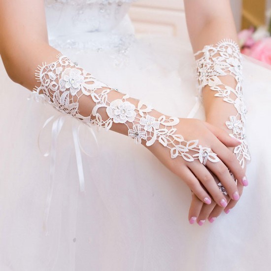 Bridal Gloves Rhinestone Lace Flower White Bride Wedding Party Prom Dress Fingerless