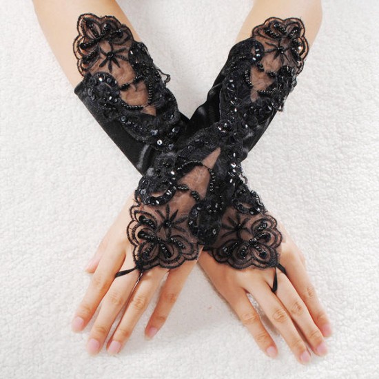 Sexy Bride Wedding Party Fingerless Pearl Lace Satin Bridal Gloves