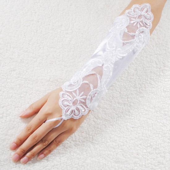 Sexy Bride Wedding Party Fingerless Pearl Lace Satin Bridal Gloves