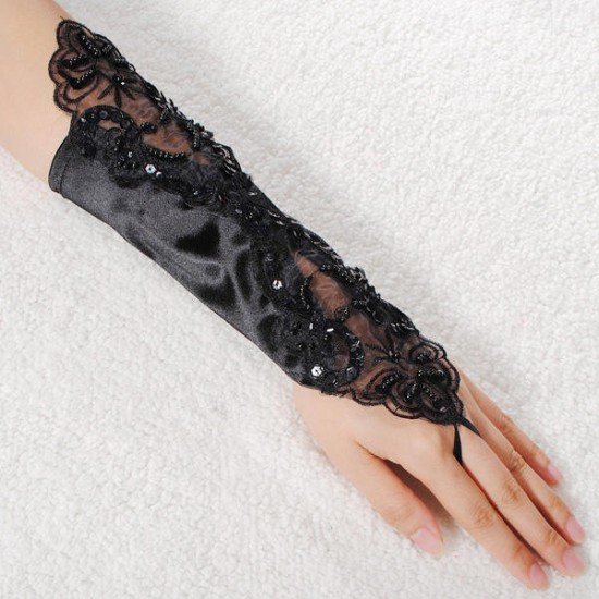 Sexy Bride Wedding Party Fingerless Pearl Lace Satin Bridal Gloves