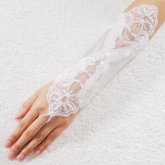 Sexy Bride Wedding Party Fingerless Pearl Lace Satin Bridal Gloves