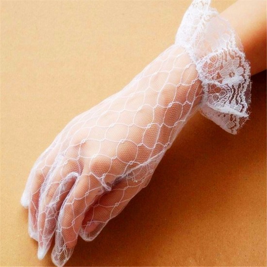 Women Ladies Sexy Finger Lace Transparent Wedding Bridal Cocktail Evening Prom Short Gloves