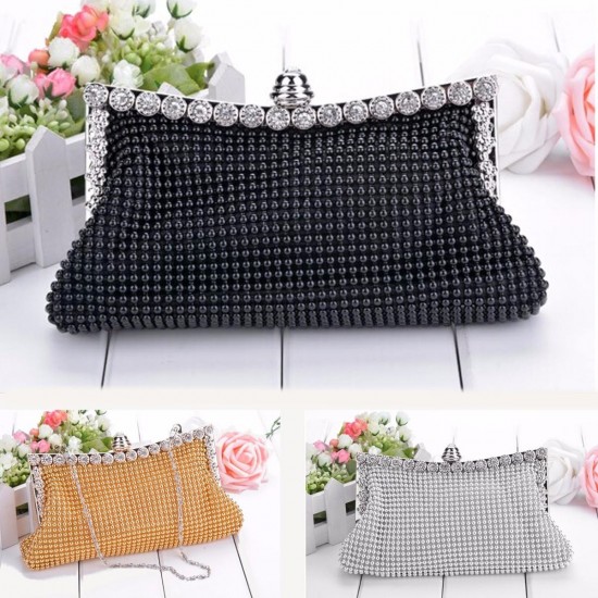 Women Ladies Pearl Crystal Diamante Wedding Prom Party Clutch Handbag Purse Bag