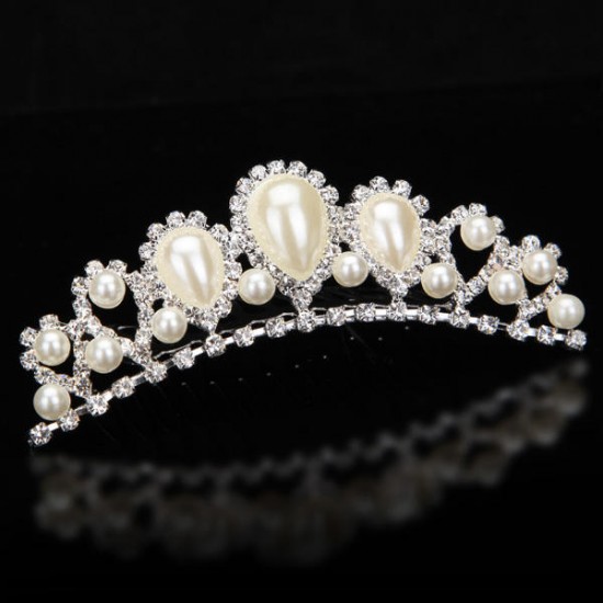 Bride Elegant Pearl Rhinestone Inlay Crown Tiara Hair Comb Wedding Accessories