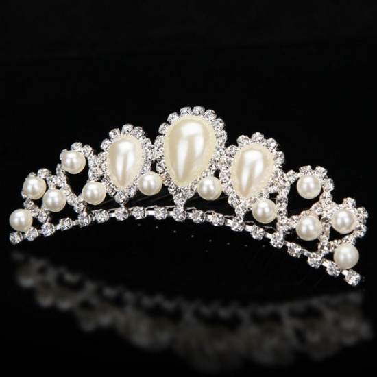 Bride Elegant Pearl Rhinestone Inlay Crown Tiara Hair Comb Wedding Accessories