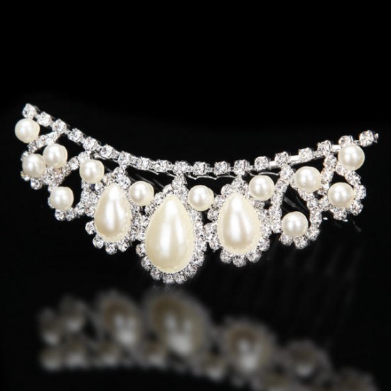 Bride Elegant Pearl Rhinestone Inlay Crown Tiara Hair Comb Wedding Accessories