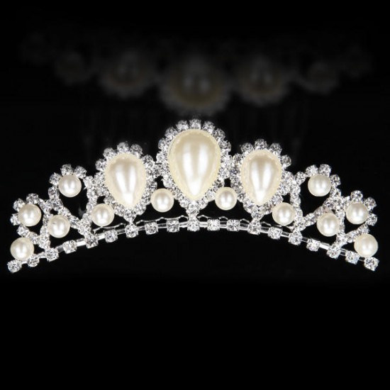 Bride Elegant Pearl Rhinestone Inlay Crown Tiara Hair Comb Wedding Accessories