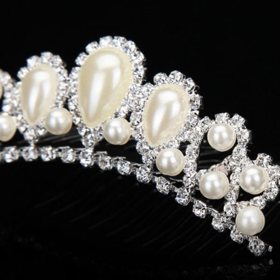 Bride Elegant Pearl Rhinestone Inlay Crown Tiara Hair Comb Wedding Accessories