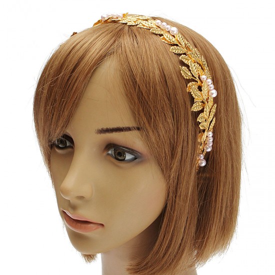 Bride Golden leaves Headbrand Metal Faux Pearl Wedding Headpiece Party Hair Accessories
