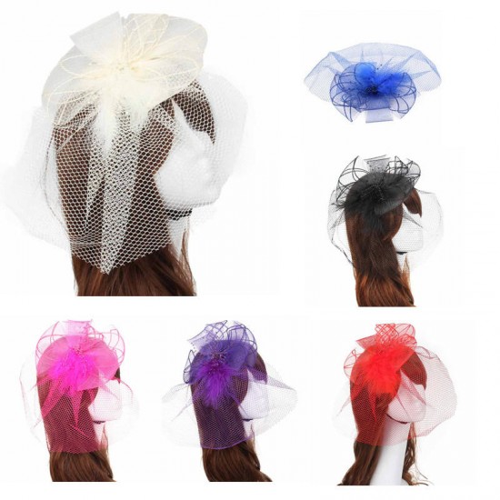 Bride Women Flower Feather Bead Mesh Fascinator Wedding Party Headpieces