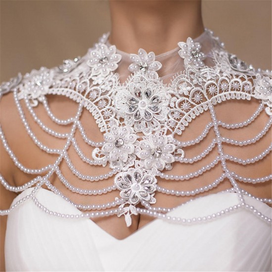 Bride Diamond Pearl Bead Flower Lace Shoulder Chain Bridal Wedding Dress Accessories