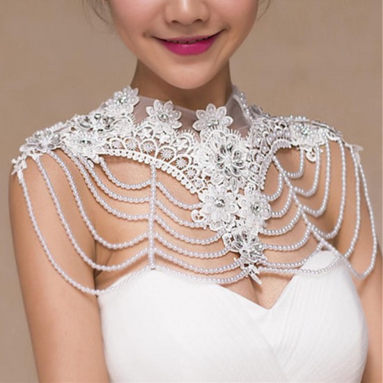 Bride Diamond Pearl Bead Flower Lace Shoulder Chain Bridal Wedding Dress Accessories