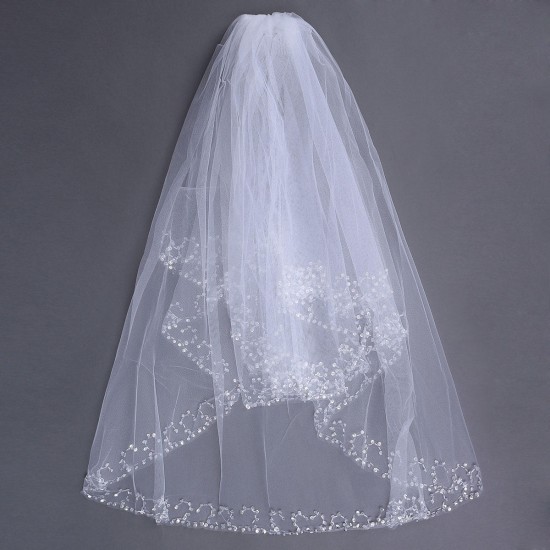 2 Layers Bride  White Ivory Elbow Beaded Edge Pearl Sequins Bridal Wedding Veil With Comb