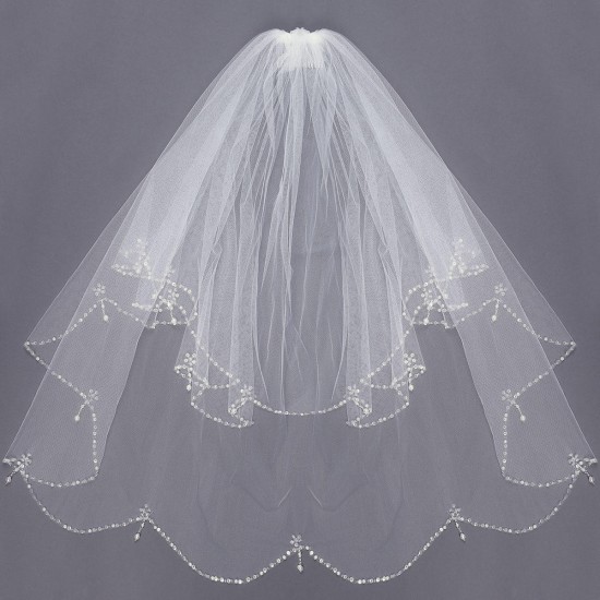 2 Layers Bride Elbow Beaded Edge Pearl White Ivory Bridal Wedding Veil with Comb