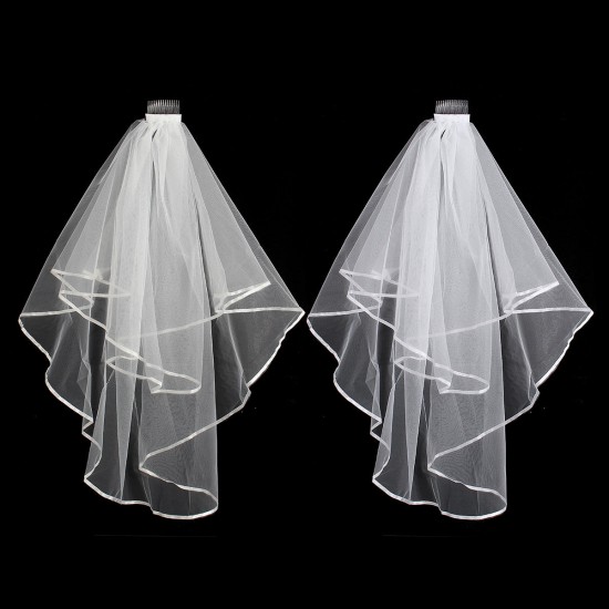 2 Layers Bride White Beige Wedding Bridal Elbow Hemmed Satin Edge Veil With Comb
