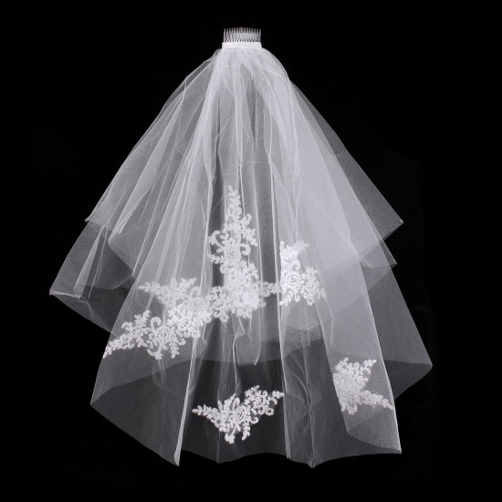 2 Layers Bride White Ivory Flower Embroidery Bridal Veil With Comb