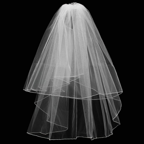 2 Layers Bride White Ivory Wedding Bridal Elbow Hemmed Satin Edge Veil With Comb