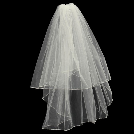 2 Layers Bride White Ivory Wedding Bridal Elbow Hemmed Satin Edge Veil With Comb