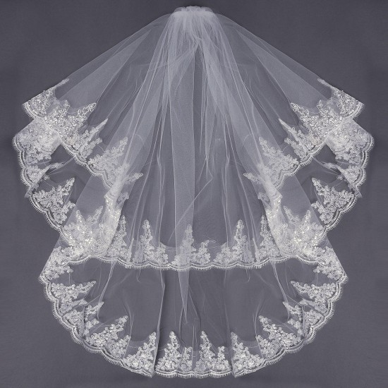 2 Layers Embroidery Lace Pearl Beaded Edge Bridal Wedding Elbow Veil With Comb