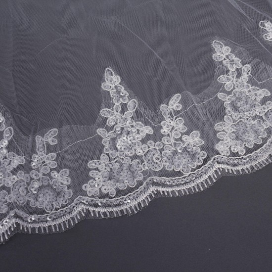 2 Layers Embroidery Lace Pearl Beaded Edge Bridal Wedding Elbow Veil With Comb