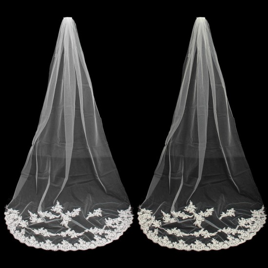 2.7M Bride White Ivory Elegant Cathedral Length Wedding Bridal Veil Comb With Lace Edge