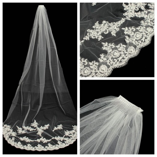 2.7M Bride White Ivory Elegant Cathedral Length Wedding Bridal Veil Comb With Lace Edge