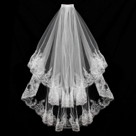 Bride 2 Layers Lace Sequin Decorative Edge Bridal Wedding Elbow Veil With Comb