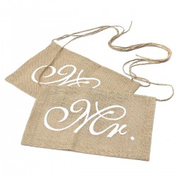 1 Pair Mr Mrs Wedding Chair Bunting Hessian Jute Burlap Banner Party Decoration