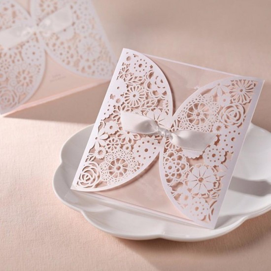 10Pcs Laser Cut Hollow Out Bowknot Wedding Evening Invitations Cards Personalized Envelopes Seals