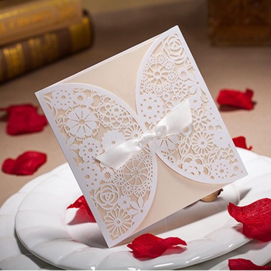 10Pcs Laser Cut Hollow Out Bowknot Wedding Evening Invitations Cards Personalized Envelopes Seals