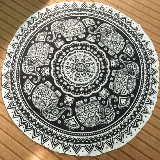 145CM Bohemia Elephant Black White Round Yoga Mat Beach Towel Shawl Wall Hanging Tapestry