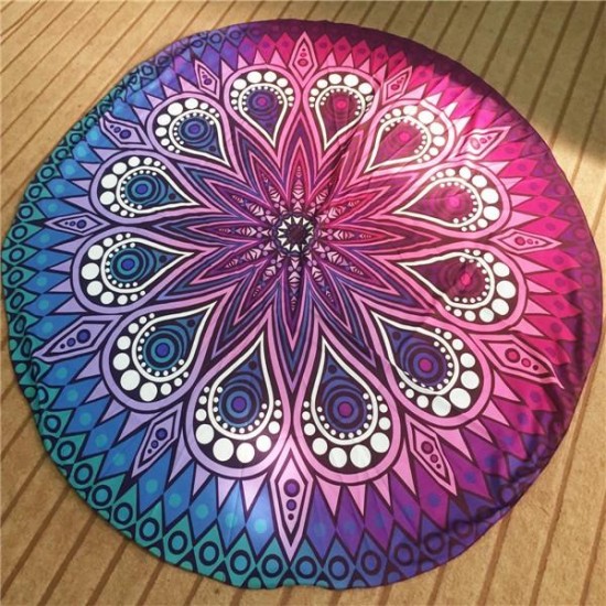 145CM Bohemia Floral Blue Purple Round Yoga Mat Beach Towel Shawl Wall Hanging Tapestry