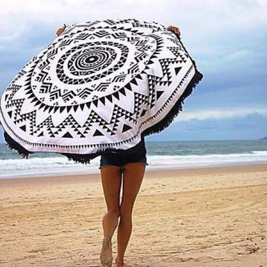 150CM Bohemia Black White Round Hippie Tapestry Throw Mandala Towel Yoga Mat Shawl Beach Gowns