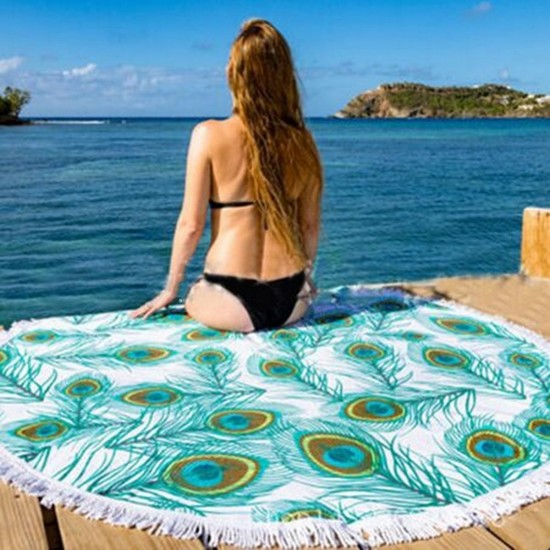 150CM Peacock Feather Printed Round Towel Yoga Mat Beach Printing Throw Shawl Wall Hanging Tapestry